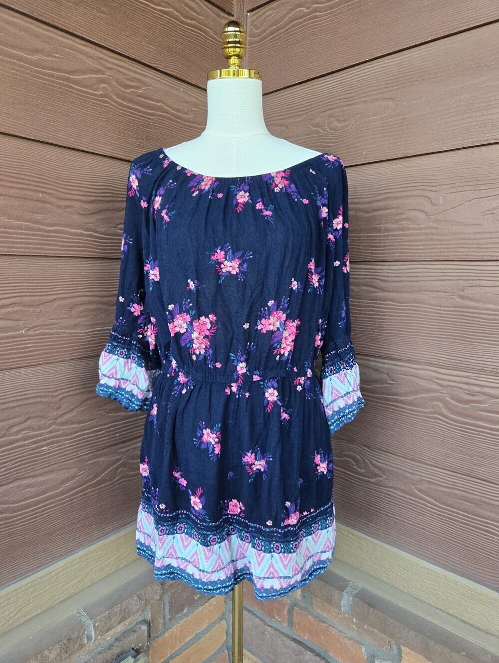 MUDD Women's Navy Blue & Pink Floral Boho Peasant Top Romper Size XL